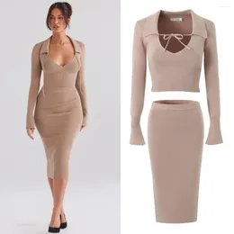 Work Dresses Winter Autumn Knitted Pullover Collar Long Sleeve Top Slim Skirt Set For Women Outfits Solid Tight Fashion Fall Midi Dress Suit