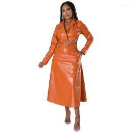 Work Dresses PU Faux Leather Elegant 2 Piece Skirt Set For Women Midi Dress Sets Party Club Crop Top And High Waist Long Skirts Matching