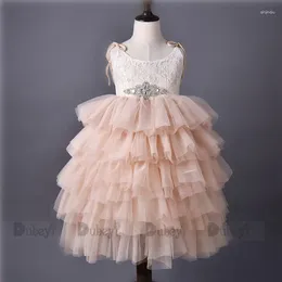 Girl Dresses Children Apricot Color Long Tutu Cake Dress For Girls Kids Rustic Lace Party Gown Baby Fashion Clothing Wear