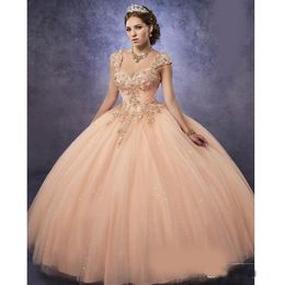 Sparkling Tulle Quinceanera Dresses 2018 Detachable Straps and Basque Waist Peach Sweet 16 Dress Lace Up Back Pageant Party Gowns 2474