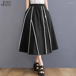 Skirts Korean Style 2024 Summer Elastic Waist A-Line Black Striped Skirt Binding Design Girls Casual Wear Long JJSK018