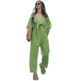 Women's Two Piece Pants Women Crop Top Set Two-piece Vacation Style Lace-up Wide Leg Trousers For V Neck Blouse With Horn