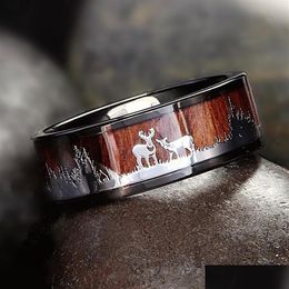 Band Rings Black Tungsten Hunting Ring Wood Inlay Deer Stag Silhouette Mens Size 6-132200 Drop Delivery Jewelry Dhlrq