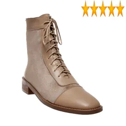 Boots Ankle Women Patchwork Genuine Leather Lace Up Block Heels Autumn Casual Shoes Fashion Motorcycle Riding Botas Mujer