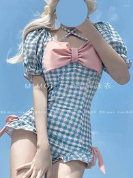 Women's Swimwear Light Blue Plaid Halter Summer Japanese Sweet Cute Girl Bow One Piece Swimsuit Spring Bathing Suit For Women