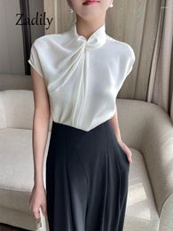 Women's Blouses Zadily 2024 Summer Short Sleeve Women Office Lady White Blouse Korea Style Irregular Collar Satin Pullover Tops Work