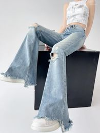 Women's Jeans Vintage Light Blue Washed Holes Ripped Tassel Women Slim-Fit Flare Pants High Waist Trousers Y2K Streetwear Denim