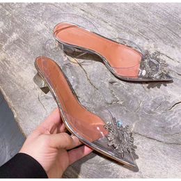 Amina Muaddi Sandals Dress Shoes 10cm High Heels Satin Pointed Camelia Glass Silk Sling Backs Bowtie Pumps Crystal-suower Designer Sandal Womens Party Wedding Shoes
