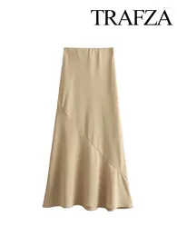 Skirts TRAFZA Women Fashion Long Khaki High Waist Asymmetrical A-Line Skirt Female Summer Elegant Slim Ankle-Length