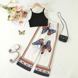 Clothing Sets 2024 Summer Teen Girls Simple Chic Black Suspenders Paired With A Stylish Butterfly Print Wide-leg Pantsuit