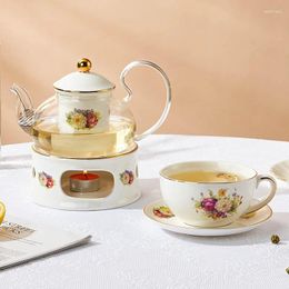 Teaware Sets Light Luxury British Afternoon Tea Set With Glass Flower Pot Ceramic Stove Candle Heating Fruit Soaking