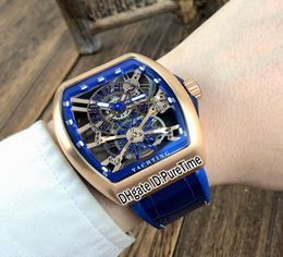 New Vanguard Gravity Yachting Automatic Mens Watch Rose Gold Blue Inner Skeleton Dial Blue Leather Rubber With White Line Puretime6454262