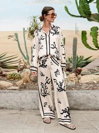 Ethnic Clothing Elegant Stain Printed Wide Leg Pants Suits Women Fashion Long Sleeve Lapel Shirts Sets 2024 Female Vacation Beach Outfit