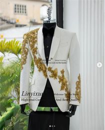 Men's Suits White Jacquard Wedding Men Suit Luxury Lace Beads Gem Groom Tuxedos 2 Pieces Sets Male Prom Party Blazers Slim Fit Costume Homme