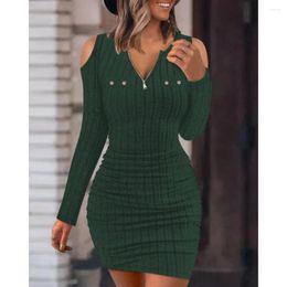 Casual Dresses Women Zipper V-neck Sweater Dress 2024 Autumn Winter Fashion Off Shoulder Long Sleeve Solid Ruched Bag Hip Midi Vestidos