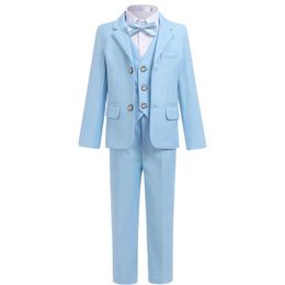 Suits Boys Formal Light Blue Dress Suit Set Kids Blazer Vest Pants Bowtie Outfit Child Wedding Birthday Photography Costume Y240516