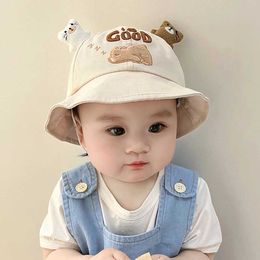 Caps Hats Cartoon Bear Baby Bucket Hat Solid Color Ear Infant Fisherman Cap Kawaii Embroidered Wide-brim Kids Boy Girl Panama Sun Hats Y240517