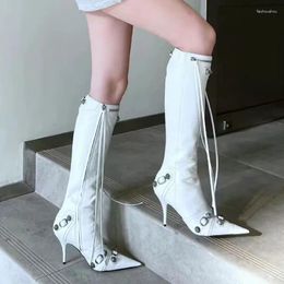 Boots White Women Knee High Fall Shoes Punk Rivet Square Buckle Pointed Toe Long Gothic Low Heeled Black Botin Mujer