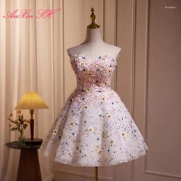 Party Dresses AnXin SH Princess Pink Sparkly Lace Strapless Sleeveless Beading Flower Up Short Evening Dress Little White