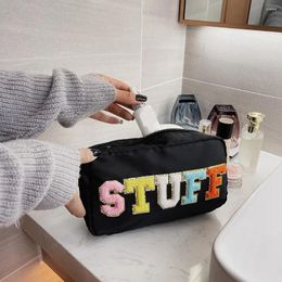 Cosmetic Bags Casual Makeup Case Embroidery Letter Patch Toiletry Bag Portable Zipper Storage Organiser Waterproof Nylon For Lady Girls