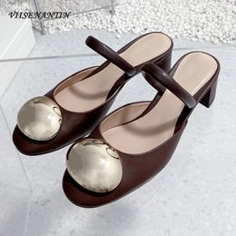 Slippers Women Sandals Big Metal Buckle Decor Round Warp Toe Chunky Heel Half Females Real Leather Party Dress Shoe Pumps Est