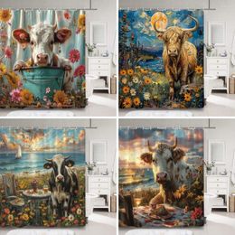 Shower Curtains Highland Cow Curtain Rustic Countryside Plant Flower Oil Painting Creative Polyester Fabric Bathroom Decor