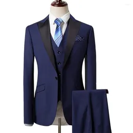 Men's Suits 2024 Blazer Men Navy Blue Single Breasted Wedding Black Peaked Lapel Three Piece Jacket Pants Vest Formal Slim Fit Costume