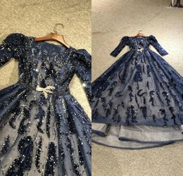 Party Dresses ZiadNakad Real Pictures Navy Blue Luxuriours Beads Full Sleeves Floor Length Prom Dress Dance Bridal Evening