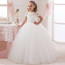 2020 White Lace Ball Gown Flower Girl Dress For Wedding Princess Girls Pageant Dress Short Sleeve Kids Vestidos De Comunion 284J
