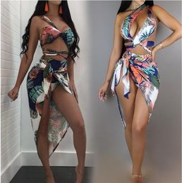 19 Whole Explosion Leaf Print High Waist Bandage Sexy Nightclub Skirt Bikini Set Scarf Split Swimsuit Threepiece Female Beach8899608
