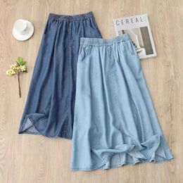 Skirts Soft Denim For Woman Loose Fashion Summer Waist Elastic A-line Skirt Pocket Design Blue Mid Length Women's