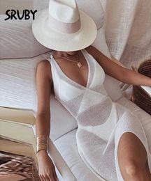 Casual Dresses White Sexy Beach Dress Women Hollow Out Backless Cover Up Knitted Maxi Summer See Through Side Split7383543