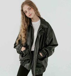 Leather coat Autumn Oversized leather jacket women long sleeve zipper turndown collar Loose black faux leather jackets for women 25878335