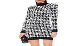 Fshion Style Original Design Top Quality Women039s Houndstooth Dress Metal Buckles Slim Casual HighNecked Bright silk1536567