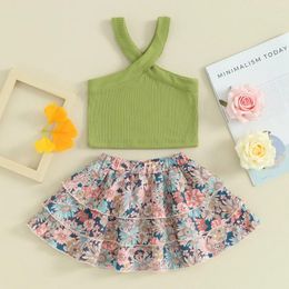 Clothing Sets Toddler Baby Girl Summer Outfit Solid Color Cross Sleeveless Tank Tops And Floral Print Ruffles Skirts 2Pcs Clothes Set