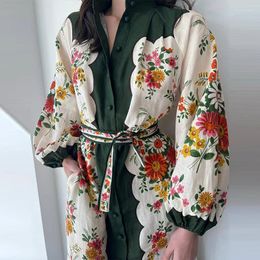 Casual Dresses Fashion Floral Print Single Breasted Shirt Dress Ladies Standing Collar Lace Up Patchwork Long Bohemian Mujer