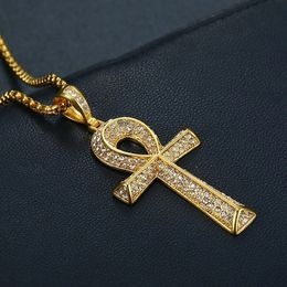 Mens Egyptian Ankh Cross Pendant With 14K Gold Chain And Iced Out Bling Full Rhinestones Necklace Hip Hop Egypt Jewelry