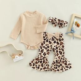 Clothing Sets Fashion Baby Girls Pants Set Long Sleeve Romper Leopard Print Bowknot Flare Headband 0-18 Months