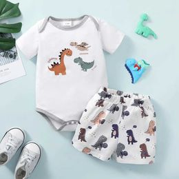 Clothing Sets 0-24 Months Toddler Baby Boy 2PCS Suit Set Cartoon Dinosaur Short Sleeve Bodysuit+ Shorts Fashion Cute Soft Newborn Summer Wear Y240515