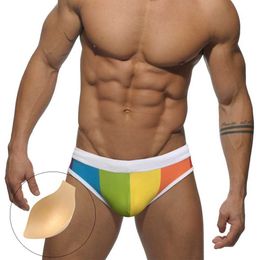 Men's Swimwear Summer Mens Beach Swimming Briefs Pad Push Up Trunks Sexy Low Waist Bikini Swimwear Quick Dry Male Rainbow Pool Bathing Swimsuit Y240517