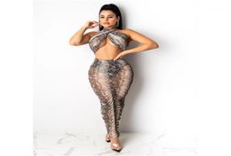 Fashion Skinny Two Piece Sets Women Leopard Two Piece Dress Sexy See Through Halter Crop Tops 2pcs7451153