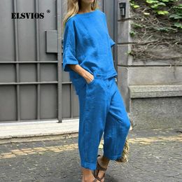 Women's Two Piece Pants Ladies Casual Cotton Linen 2 Set Solid Colour Trousers Sets O-neck Half Sleeves High Waisted Loose Summer