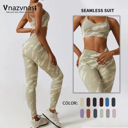Vnazvnasi 2 Pcs Prints Seamless Sports Sets Yoga Kit for Fitness Push Up Tights Suit for Women Workout Clothes Sportswear Gym 240517