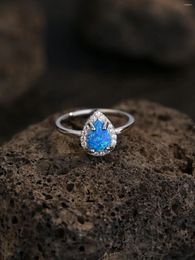 Cluster Rings S Pure 925-Sliver Women's "Water Drop" Ring With Blue Opal And Zircons Simple Sweet Style Daily Wear Or Engagement