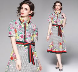 2021 Floral Runway ALine Dress Luxury Designer Vintage Ribbon Bow Office Ladies Long Sleeve Slim Midi Dresses Autumn Winter Fashi8191984