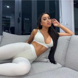 Women's Two Piece Pants Ribbed Women 2 Pieces V Neck Bra Leggings Set Crop Top Matching Co Ords 2024 Autumn Winter Clothes Sporty Tracksuit