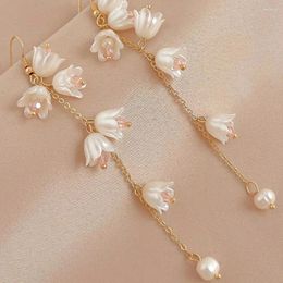 Dangle Earrings Flower Shape Long Tassel Drop Earring For Women Trendy Imitation Pearl Linked Chain Green Epoxy Post