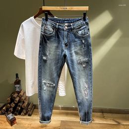 Men's Jeans Japanese 2000s Style Y2k Torn Tide Elastic Slim Embroidery Patches Casual Straight Pants Pantalones Hombre