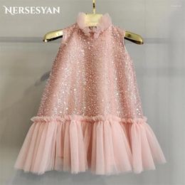 Girl Dresses Nersesyan Champagne Gold Glitter Flower Ruched O-Neck A-Line Sleeveless Birthday Party Gowns Sequins Lace Pearls