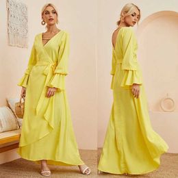 Basic Casual Dresses Bright Yellow V-neck Lace-up Dress Summer 2024 Bohemian Maxi Dress With Full Hem Y240515